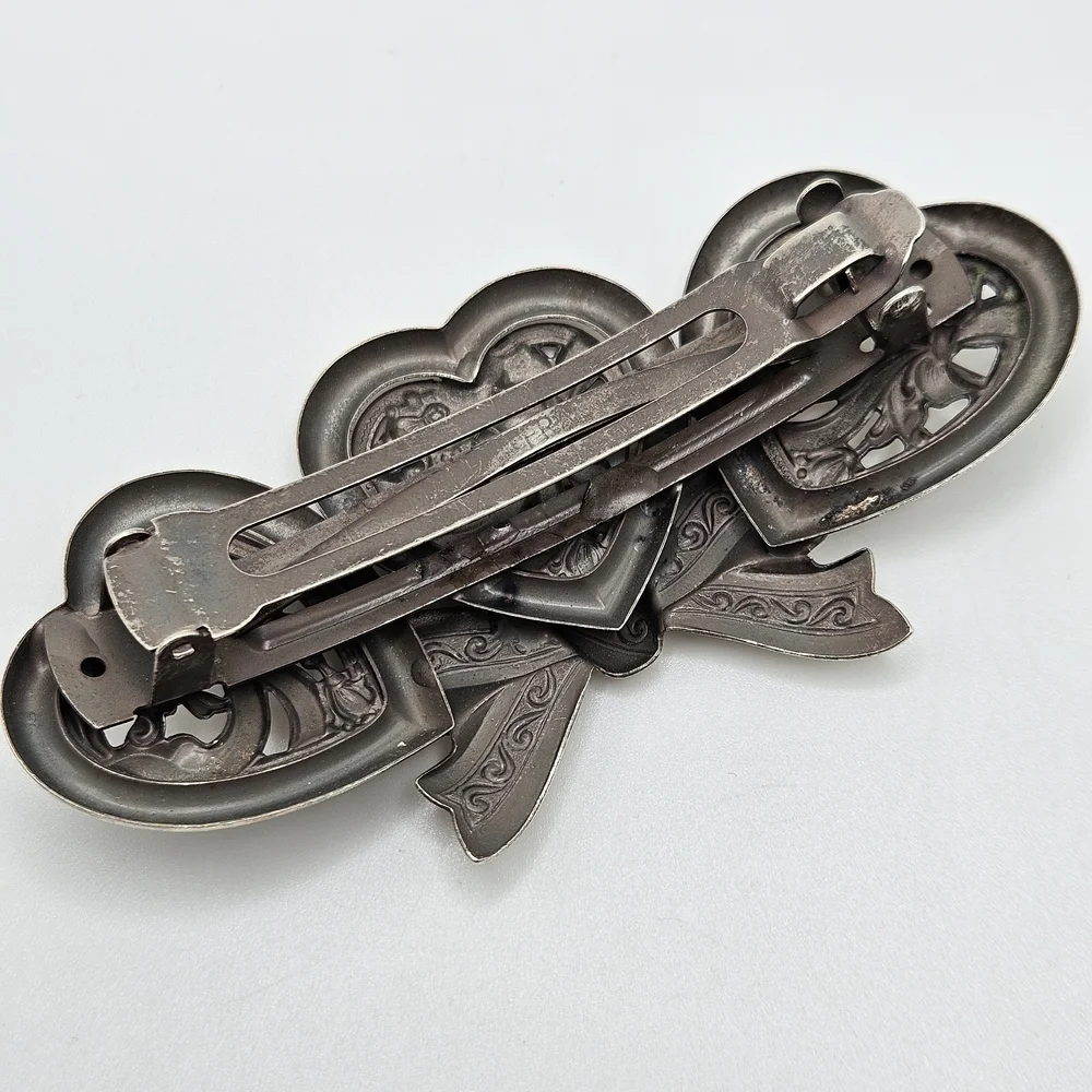VINTAGE Art Deco Silver Plated Hearts French Hair Barrette Made in France